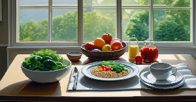 A peaceful dining table with a colorful plate of healthy food, illuminated by soft natural light from a window.