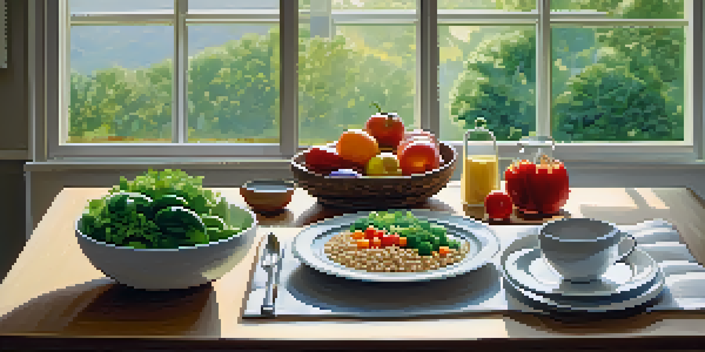 A peaceful dining table with a colorful plate of healthy food, illuminated by soft natural light from a window.