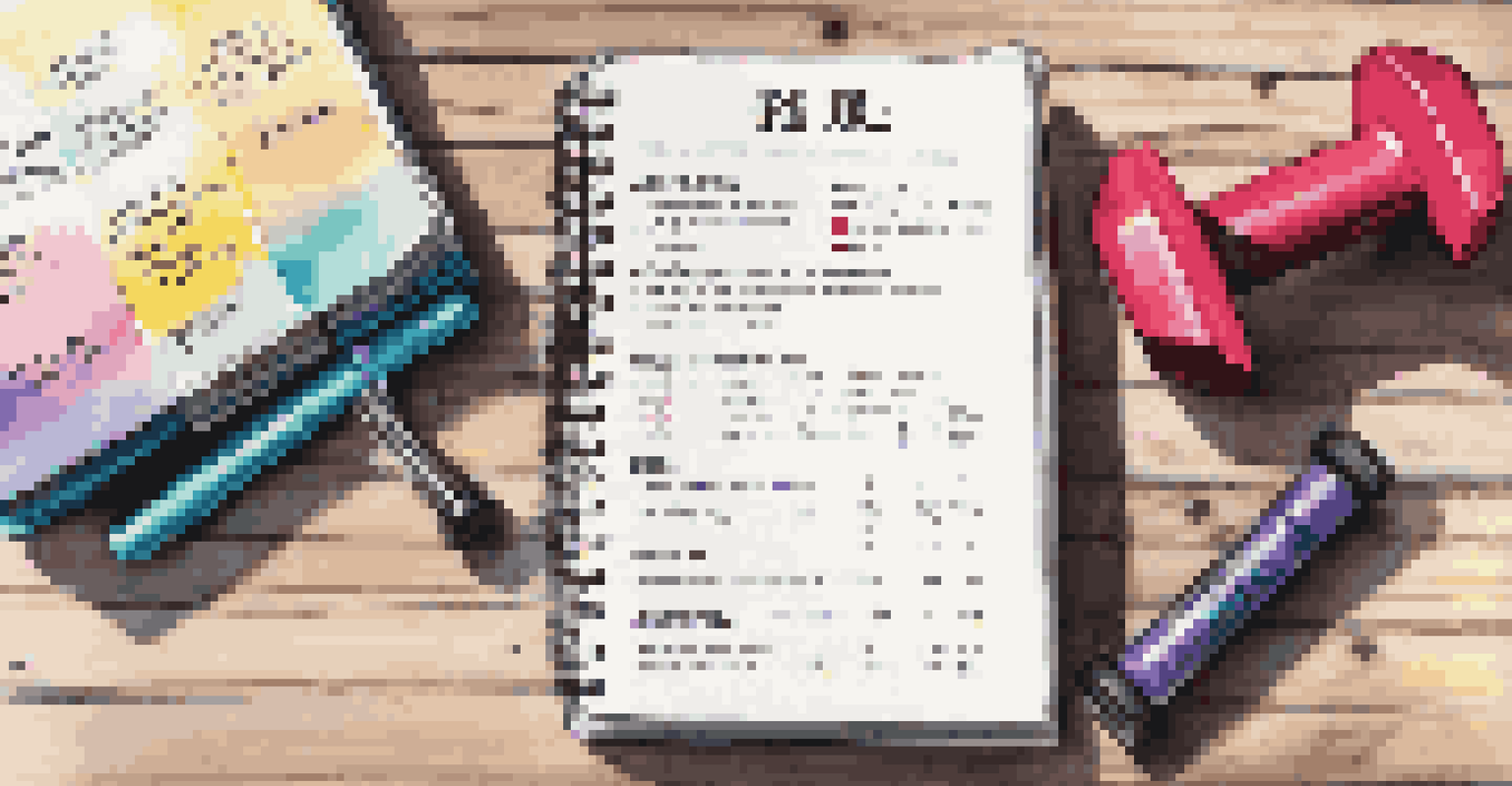 A fitness journal open on a wooden table with a list of fitness goals, a pen, and workout equipment in the background.