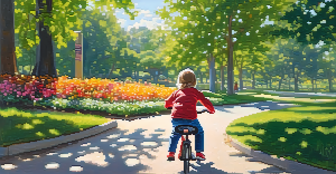 A child learning to ride a bicycle in a sunny park, surrounded by trees and flowers.