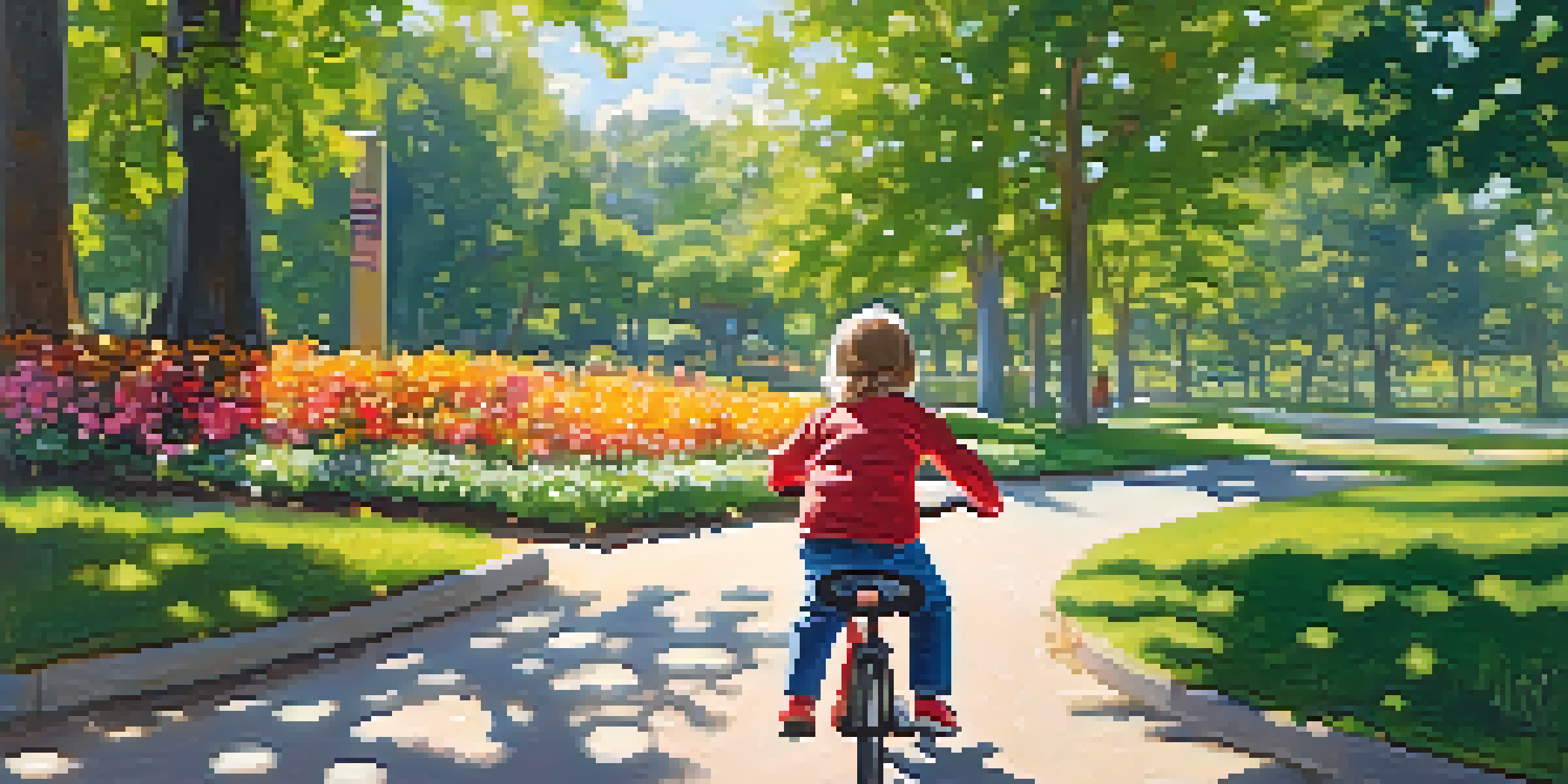A child learning to ride a bicycle in a sunny park, surrounded by trees and flowers.