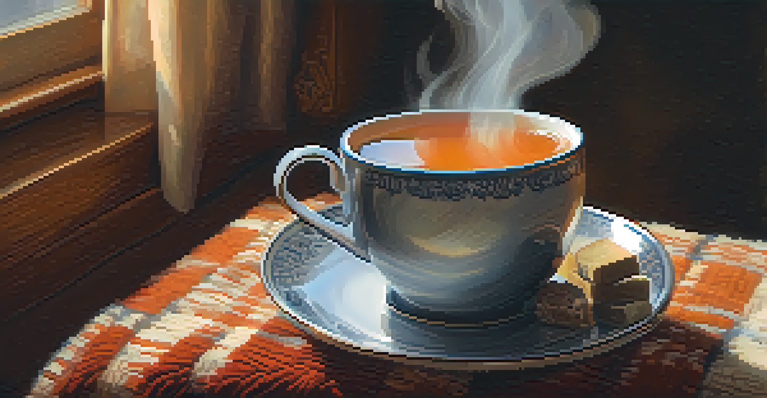 Close-up of hands holding a steaming cup of herbal tea in a cozy living room.