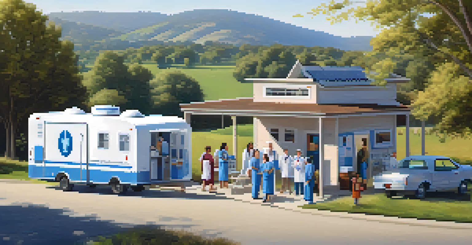 A mobile health clinic in a rural landscape, with healthcare professionals interacting with community members, surrounded by scenic hills.
