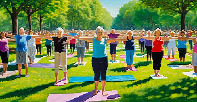 A group of older adults practicing yoga in a sunny park surrounded by trees and flowers.