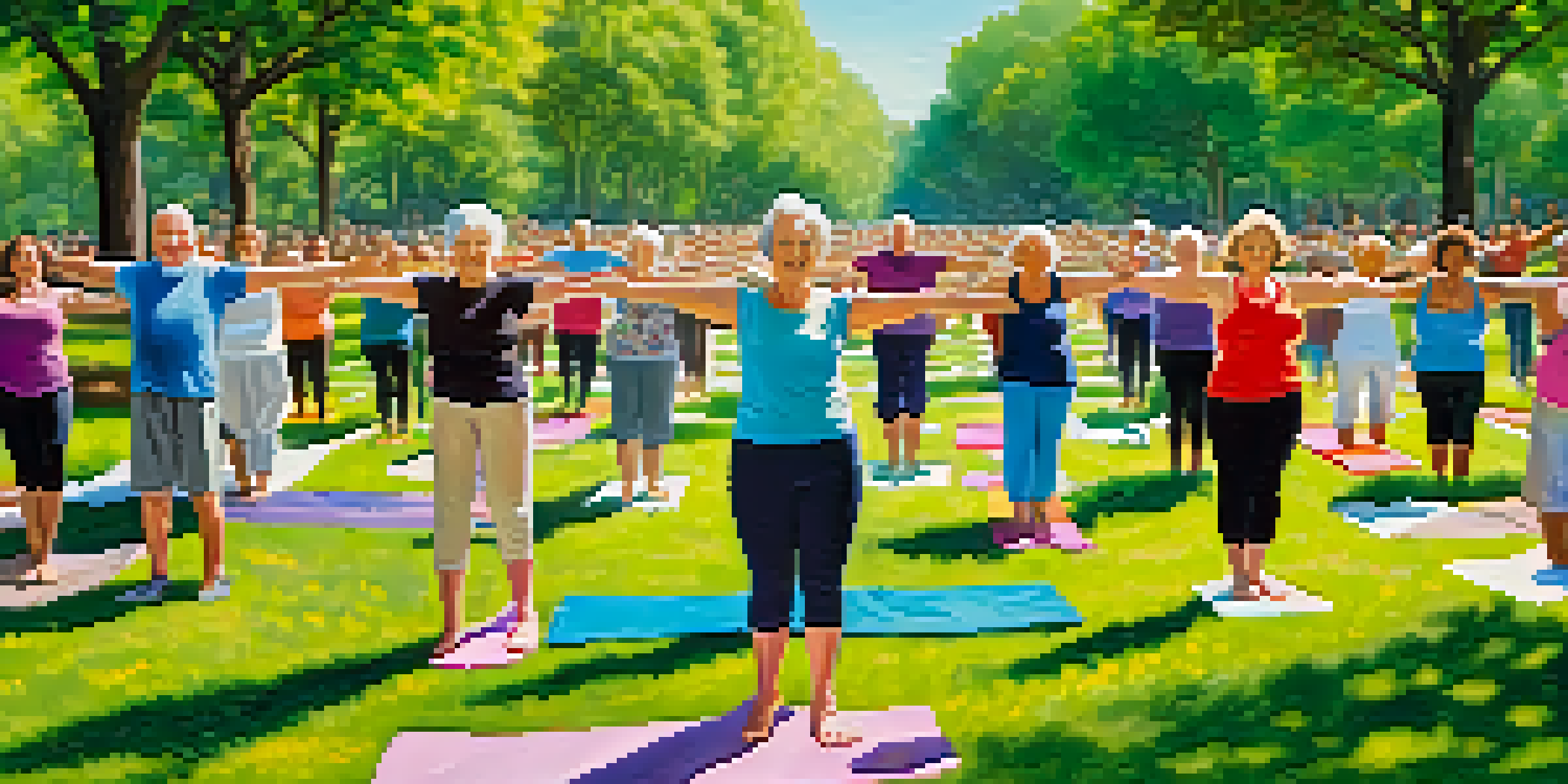 A group of older adults practicing yoga in a sunny park surrounded by trees and flowers.