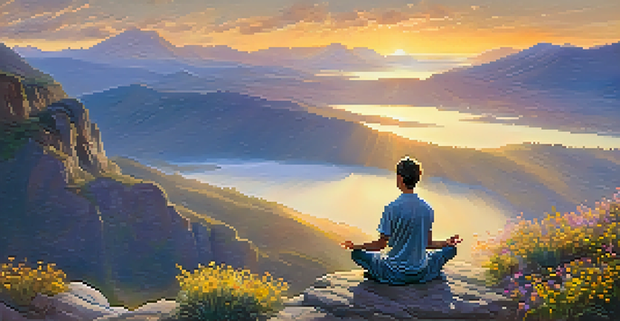 A person meditating on a cliff during sunset, with mountains and wildflowers around them, creating a peaceful atmosphere.
