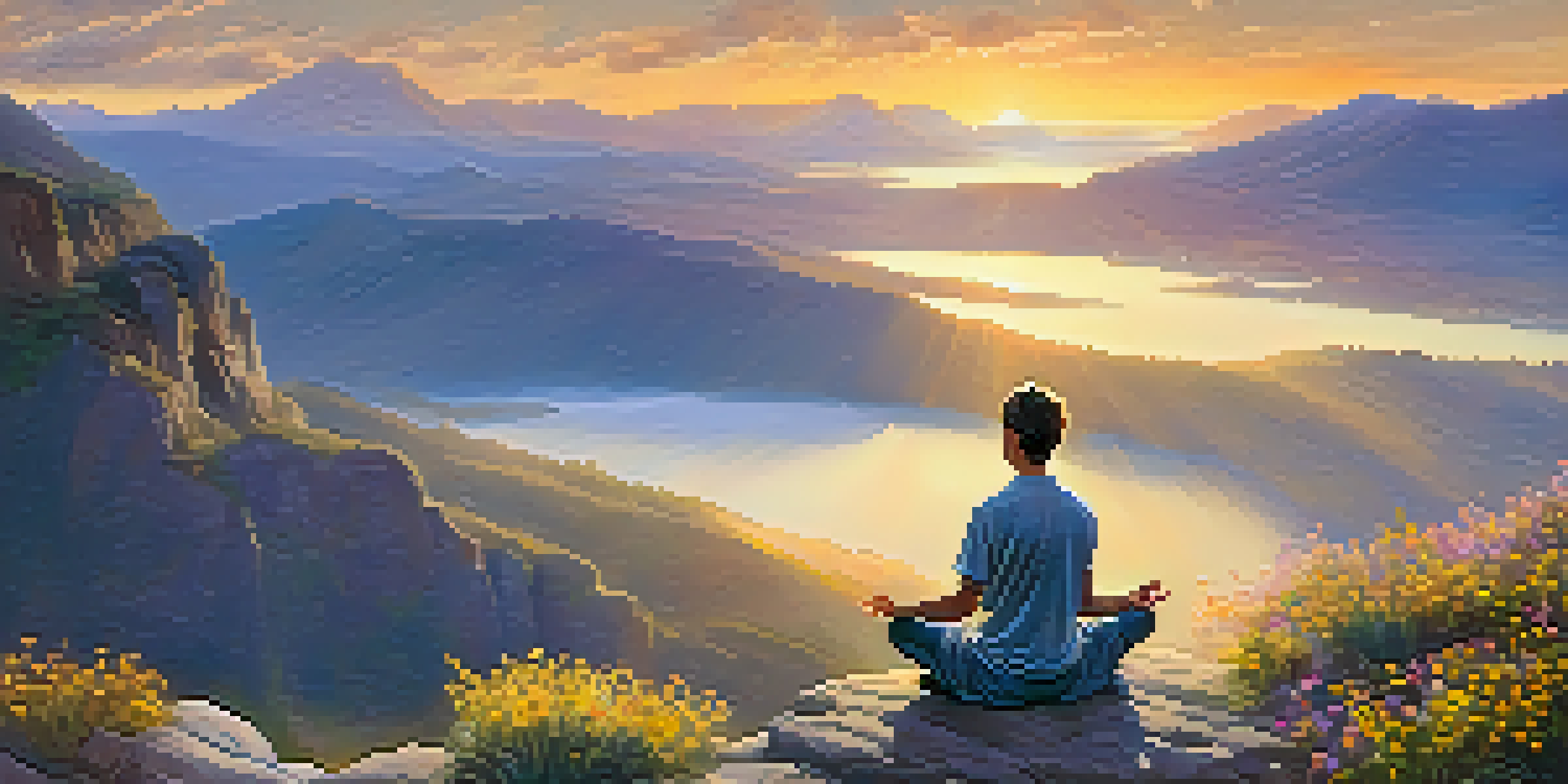 A person meditating on a cliff during sunset, with mountains and wildflowers around them, creating a peaceful atmosphere.