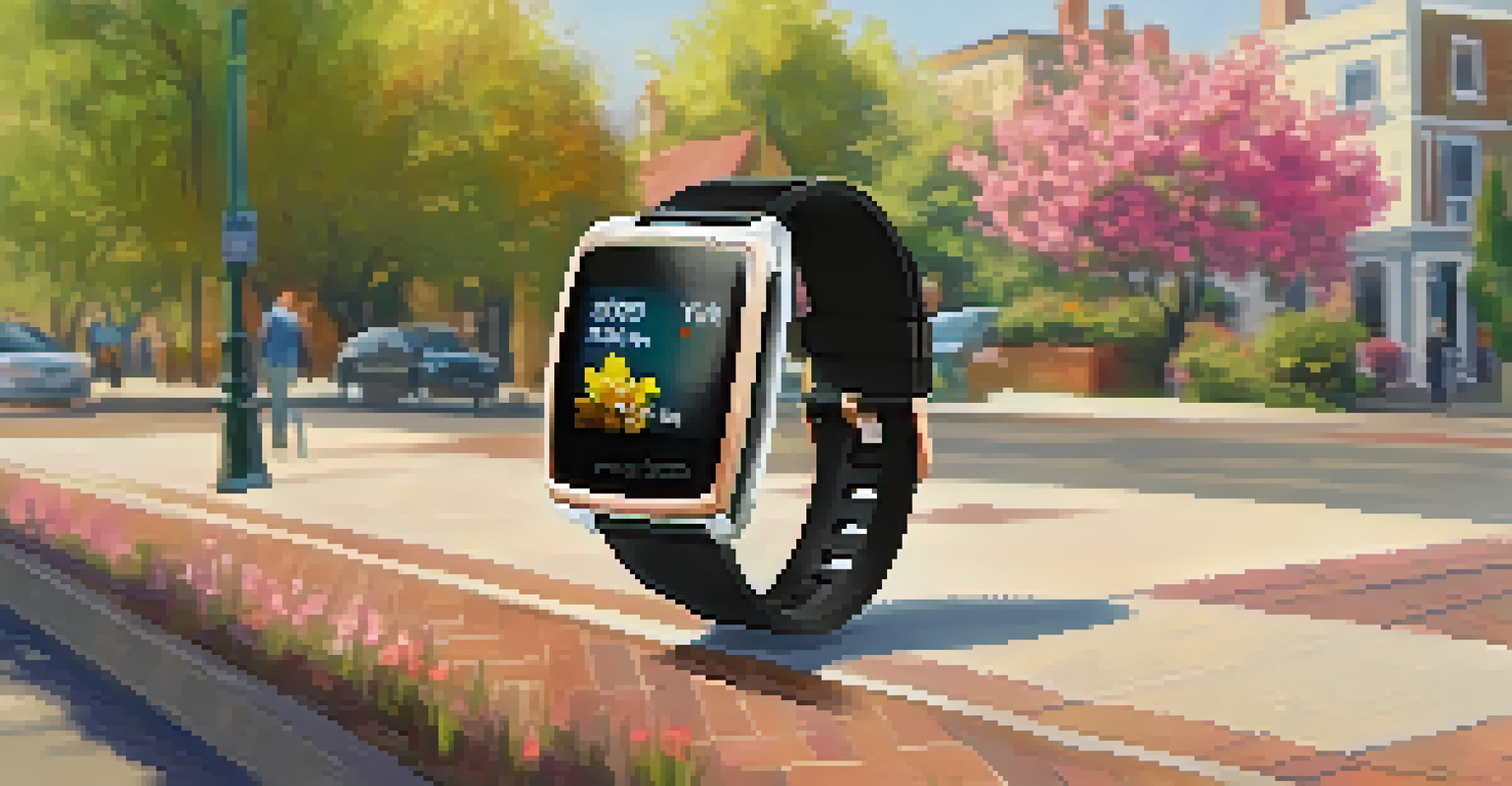 A close-up of a fitness tracker on a wrist, with a scenic neighborhood and blooming flowers in the background, reflecting a healthy lifestyle.