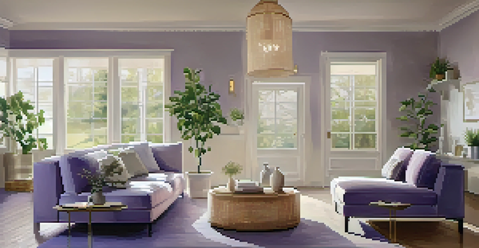 A peaceful living room with a diffuser, lavender plants, and soft lighting creating a calming atmosphere.