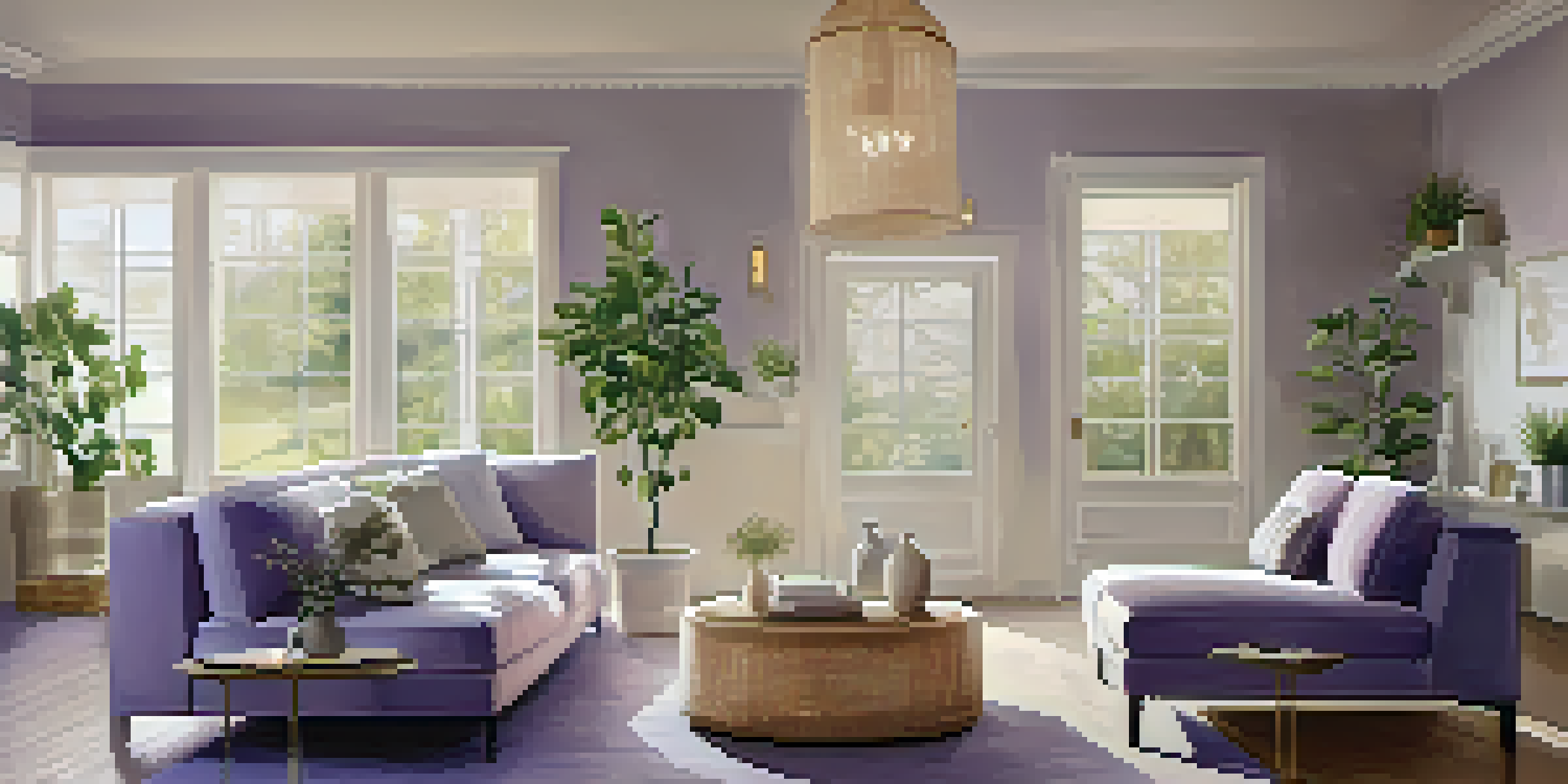A peaceful living room with a diffuser, lavender plants, and soft lighting creating a calming atmosphere.