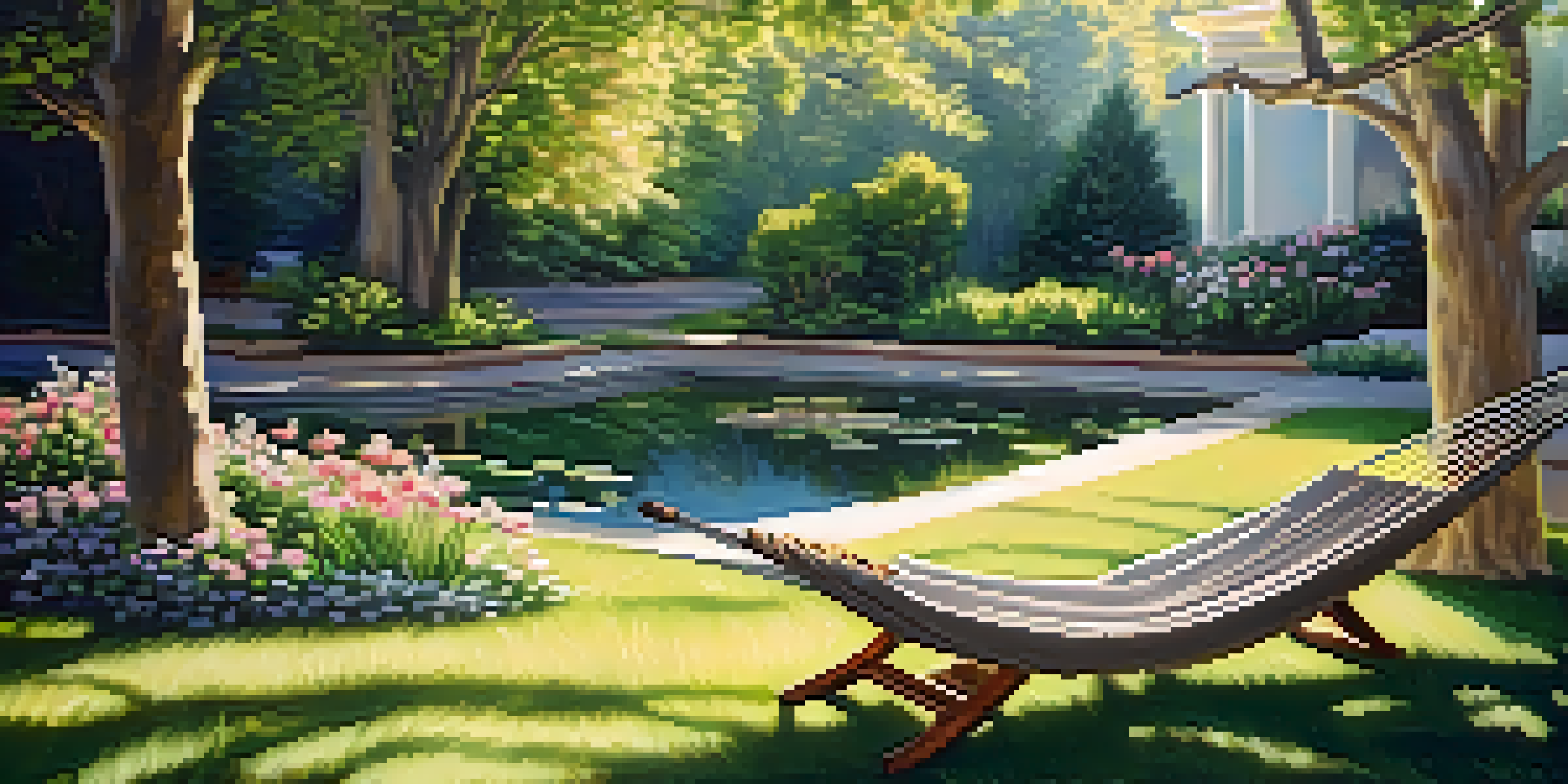 A serene garden with blooming flowers, a pond, and a hammock between two trees, bathed in sunlight.