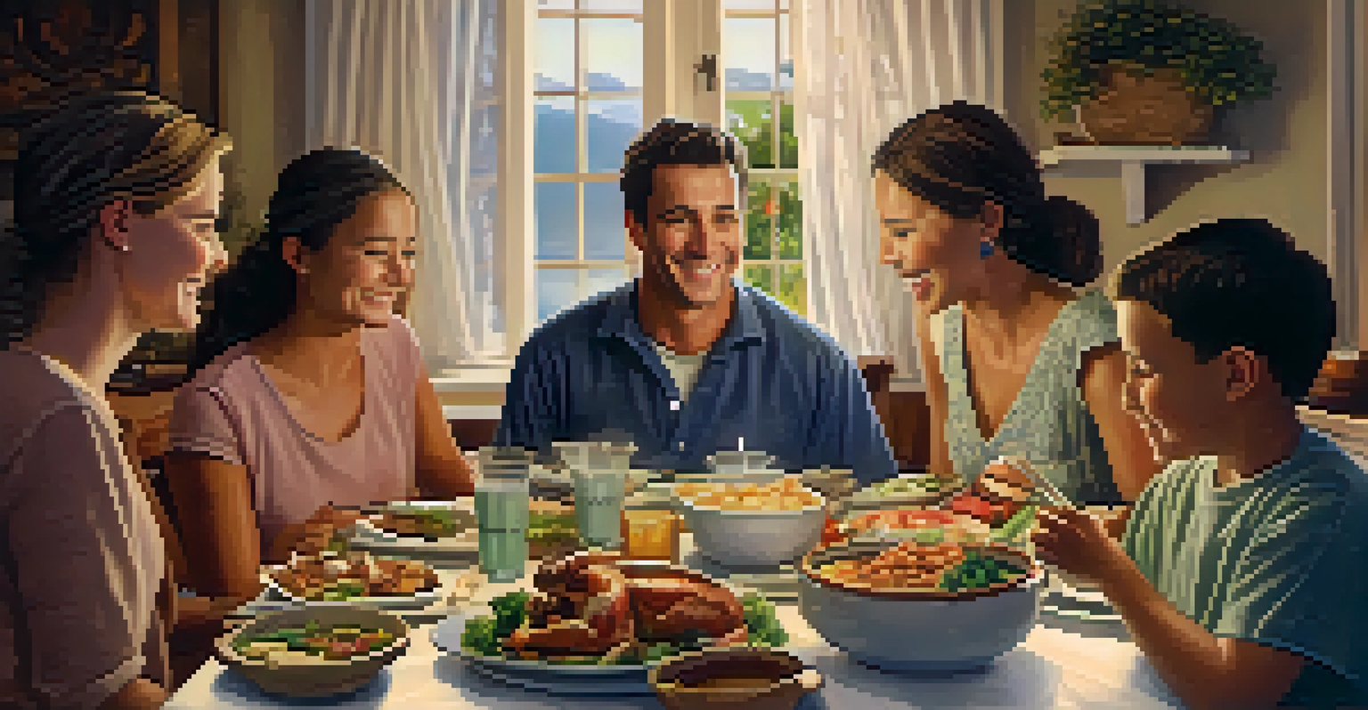 A family sharing a meal at a dinner table, with joyful expressions and candlelight creating a warm atmosphere.