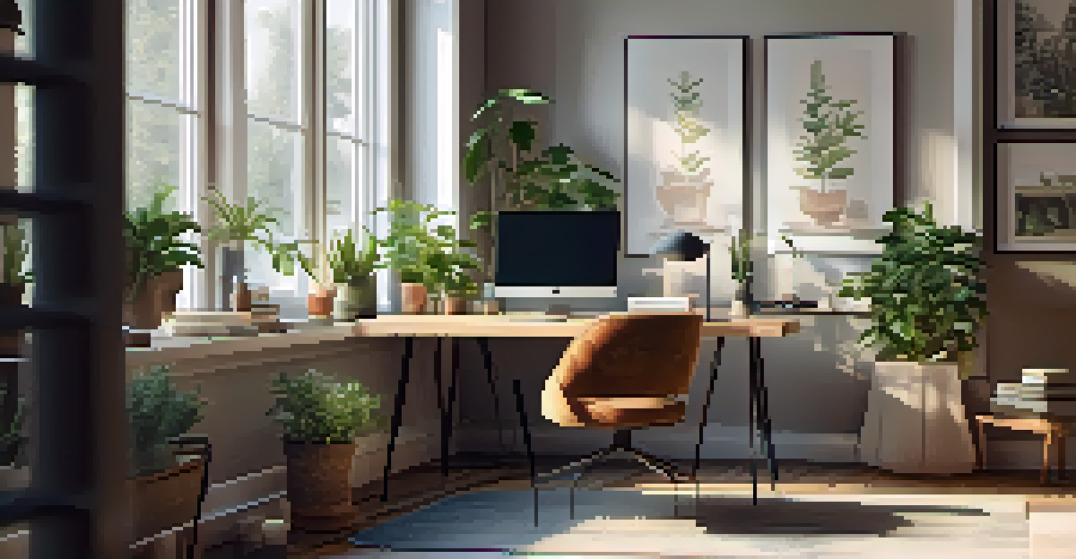A modern home office with a laptop and meditation app, illuminated by natural light.