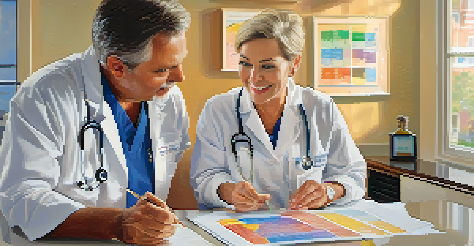 A healthcare professional explaining medical information to a patient using visual aids, with colorful diagrams on a table and a warm, friendly atmosphere.