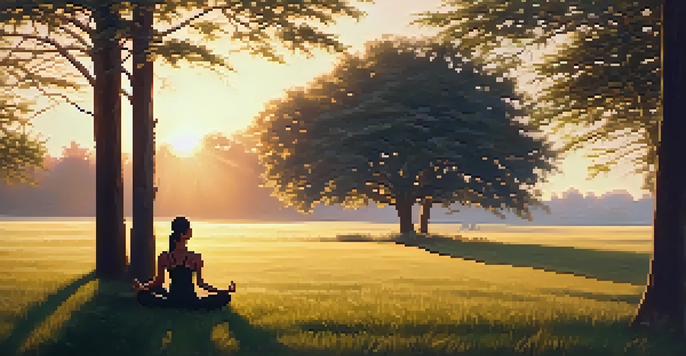 A person practicing yoga on a grassy field at sunrise, surrounded by trees, in a peaceful outdoor setting.