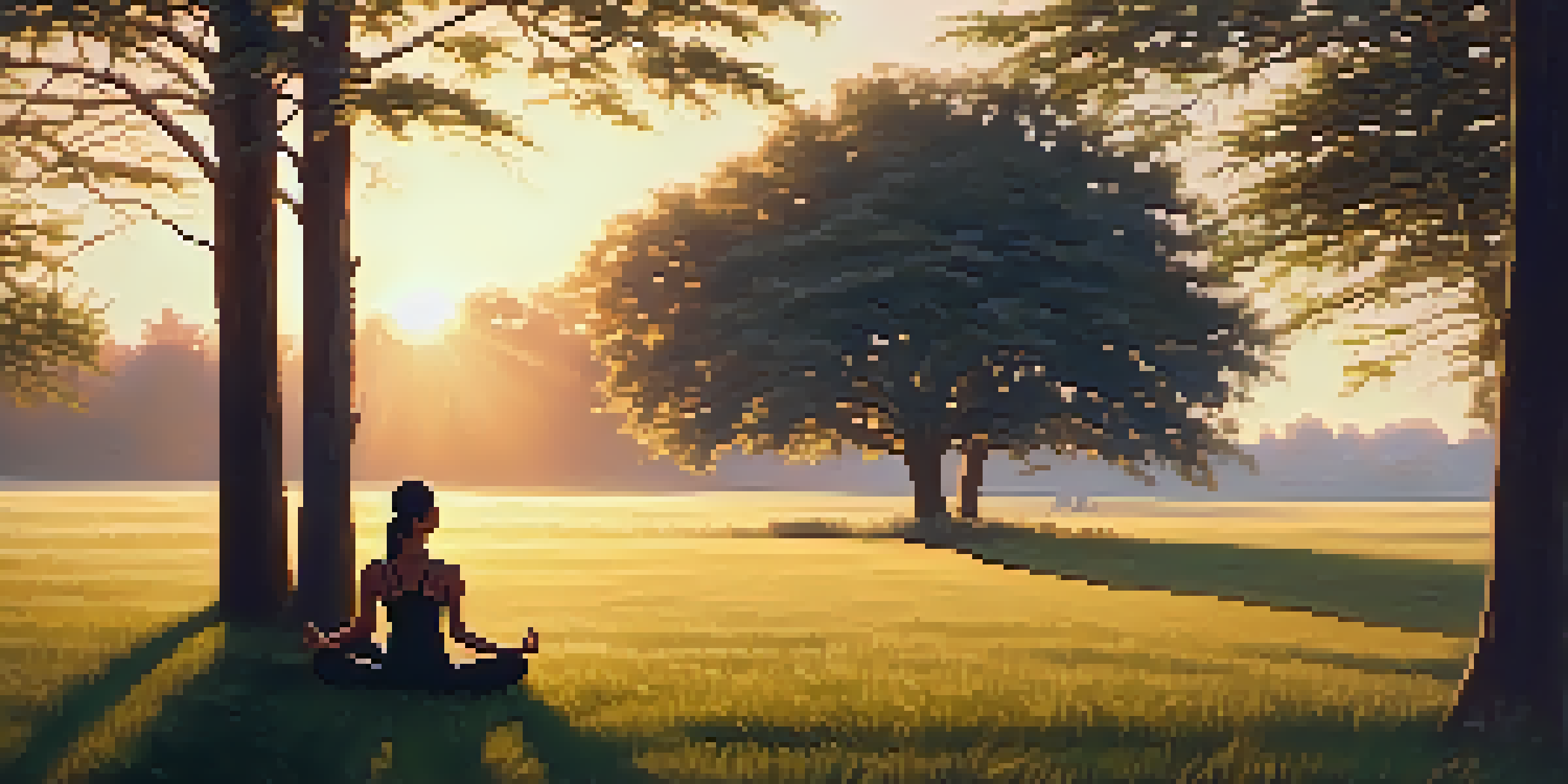 A person practicing yoga on a grassy field at sunrise, surrounded by trees, in a peaceful outdoor setting.