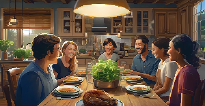 A diverse family gathered around a dinner table, enjoying healthy food and engaging in conversation in a cozy kitchen setting.