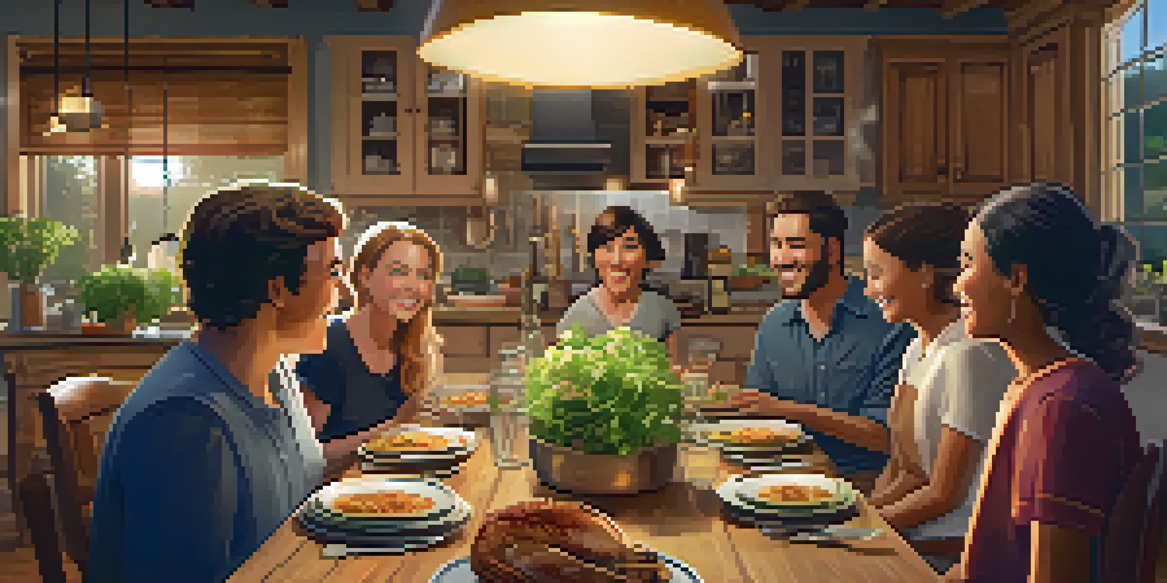 A diverse family gathered around a dinner table, enjoying healthy food and engaging in conversation in a cozy kitchen setting.