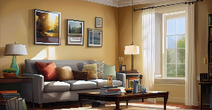 A cozy living room with sunlight, a couch with cushions, a coffee table with books and a cup of tea, and a family photo on the wall.
