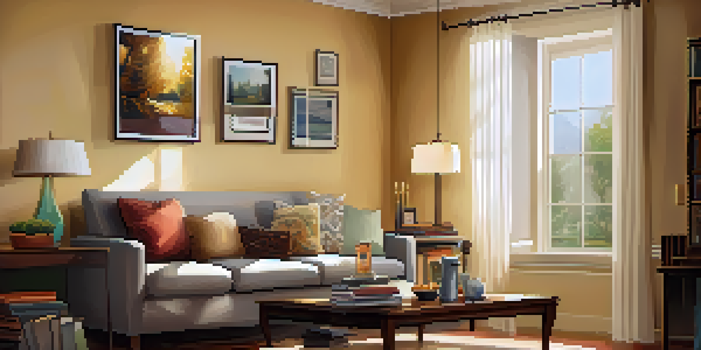 A cozy living room with sunlight, a couch with cushions, a coffee table with books and a cup of tea, and a family photo on the wall.