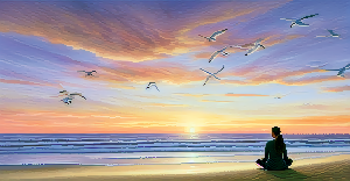 A person meditating on a beach during sunset, surrounded by calm waves and a colorful sky.