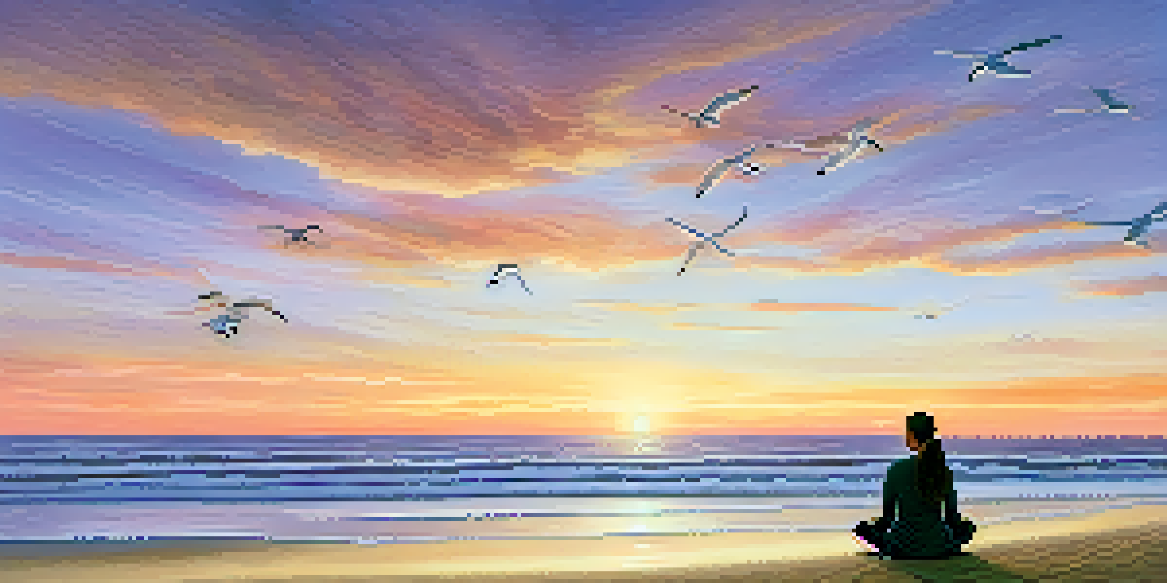 A person meditating on a beach during sunset, surrounded by calm waves and a colorful sky.