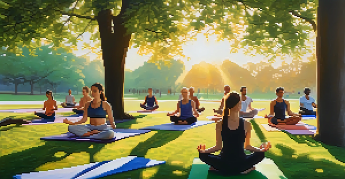 A group of diverse individuals practicing yoga in a park during sunrise, with colorful mats and soft golden sunlight filtering through trees.
