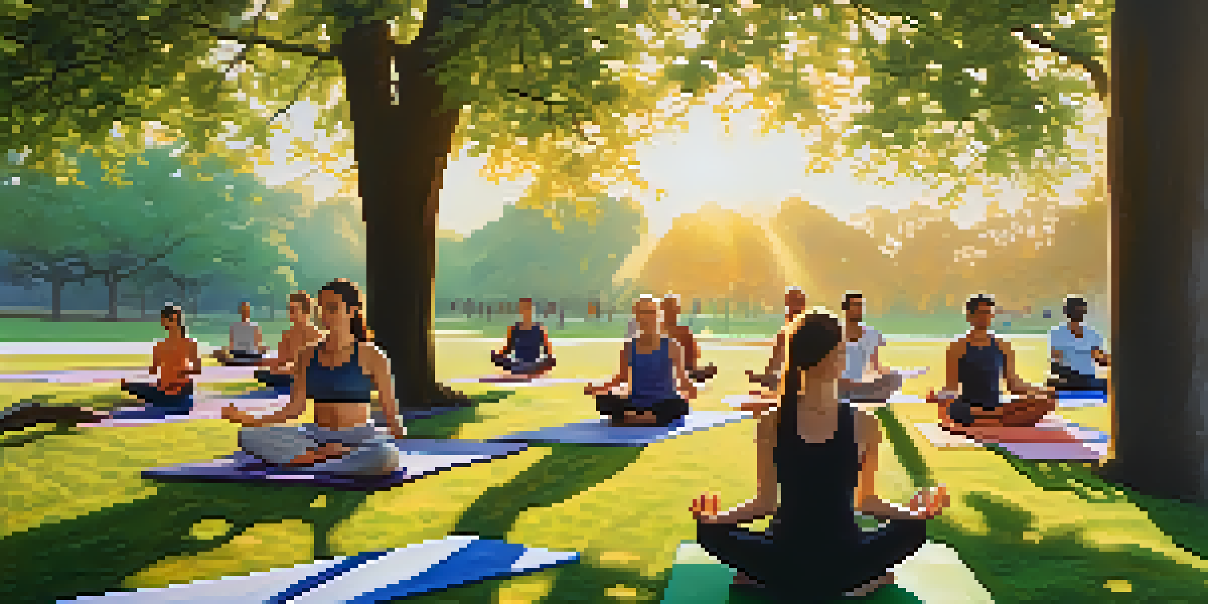 A group of diverse individuals practicing yoga in a park during sunrise, with colorful mats and soft golden sunlight filtering through trees.