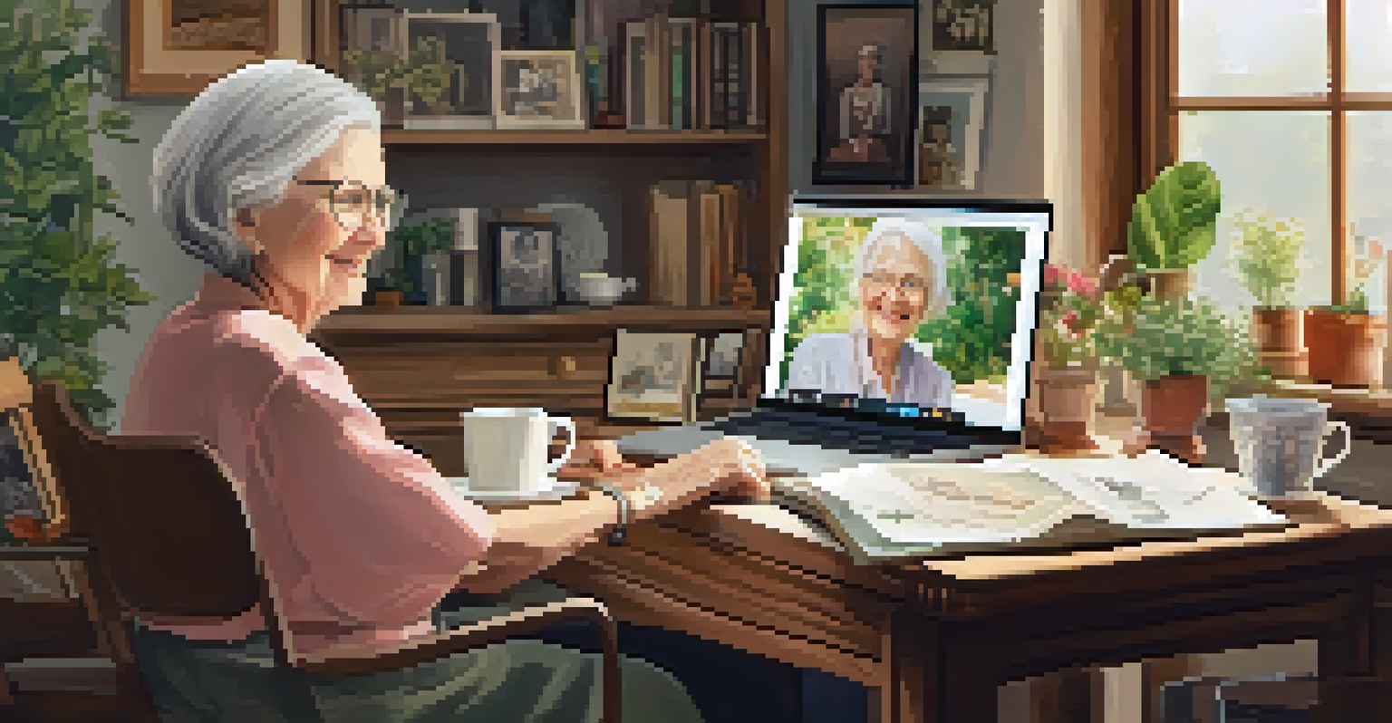 An elderly woman sharing her life stories through a video call, surrounded by family albums.