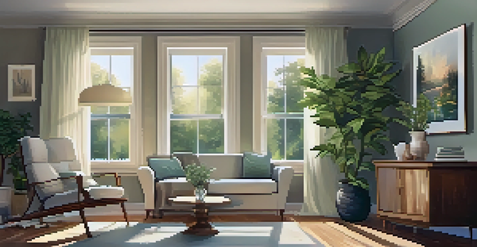 A cozy living room with warm lighting, an armchair, a cup of tea, and plants, creating a peaceful atmosphere.