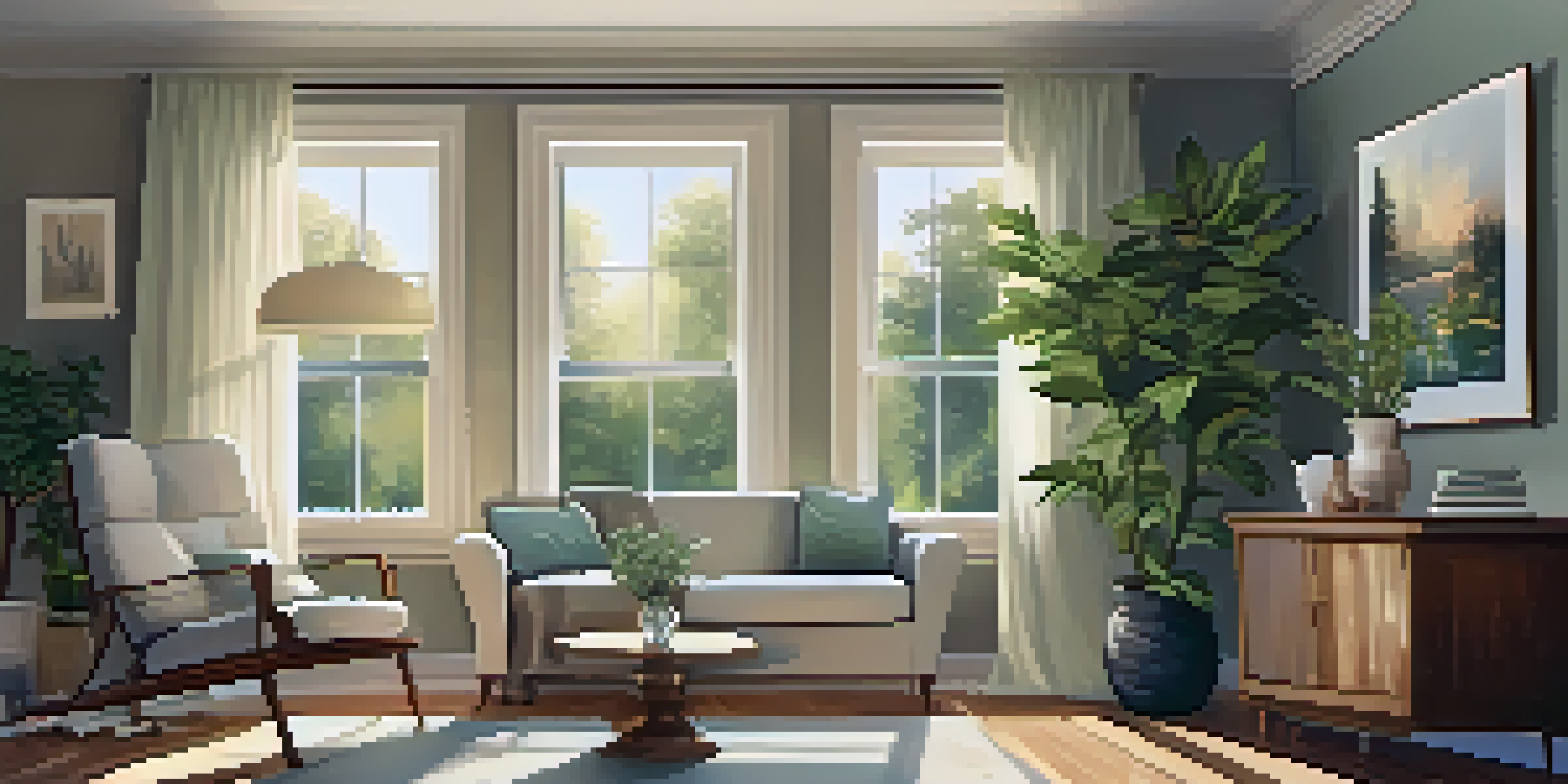 A cozy living room with warm lighting, an armchair, a cup of tea, and plants, creating a peaceful atmosphere.