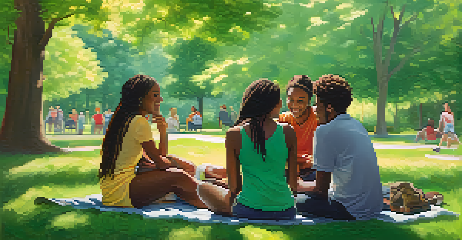 A group of friends in a park having a friendly conversation, surrounded by green trees and flowers, with sunlight peeking through the leaves.