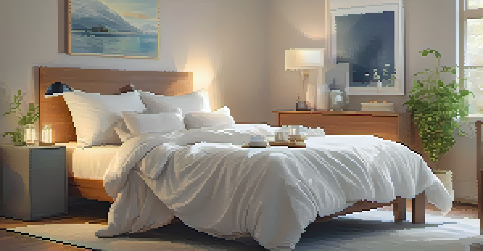 A cozy bedroom with a bed, chamomile tea, and yogurt with fruit, creating a relaxing scene.