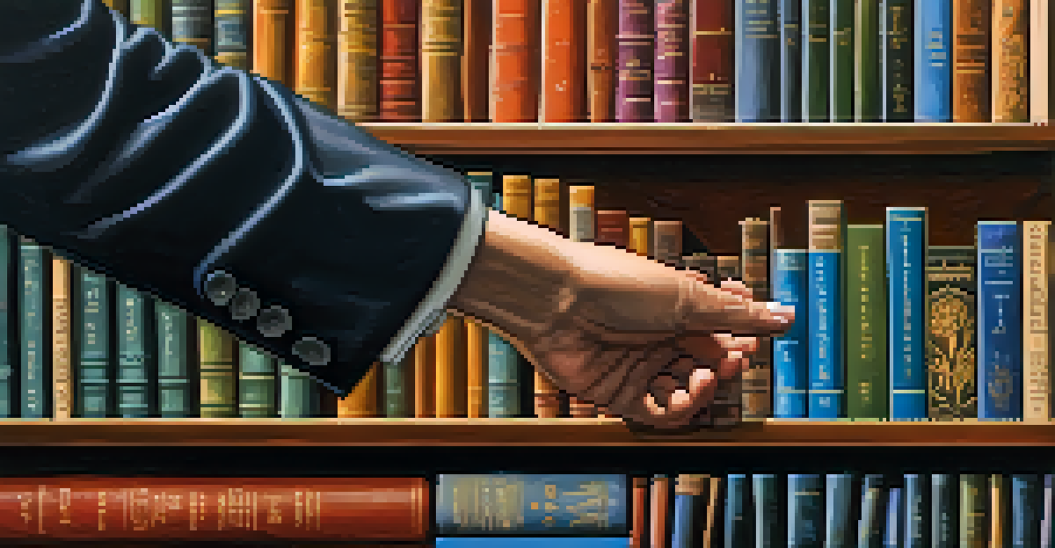 A close-up of a therapist's hands adjusting a colorful cultural artifact on a shelf, with a blurred bookshelf in the background.
