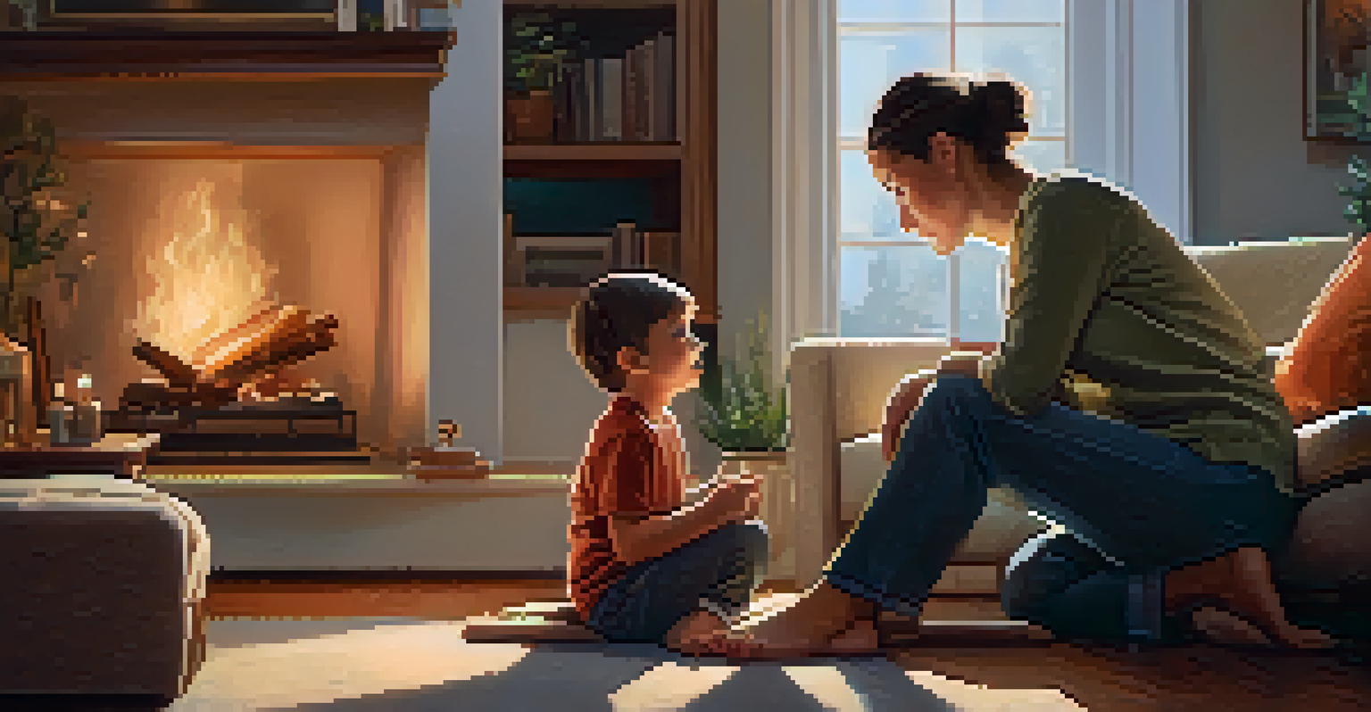 A parent and child sharing a heartfelt conversation in a warm living room, emphasizing emotional support and connection.