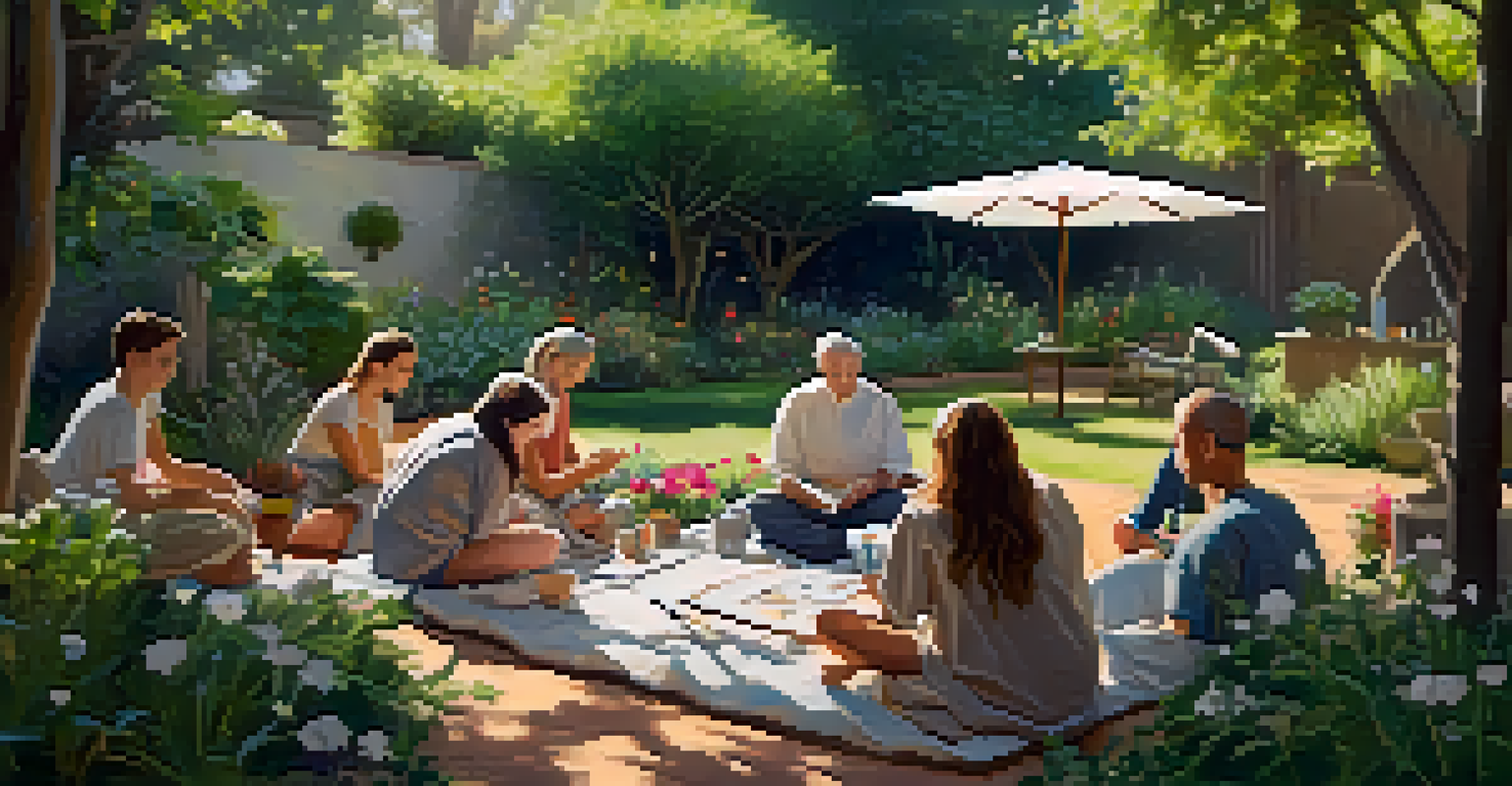 Participants in a garden setting engaged in an outdoor art therapy session, sculpting with clay amidst blooming flowers.