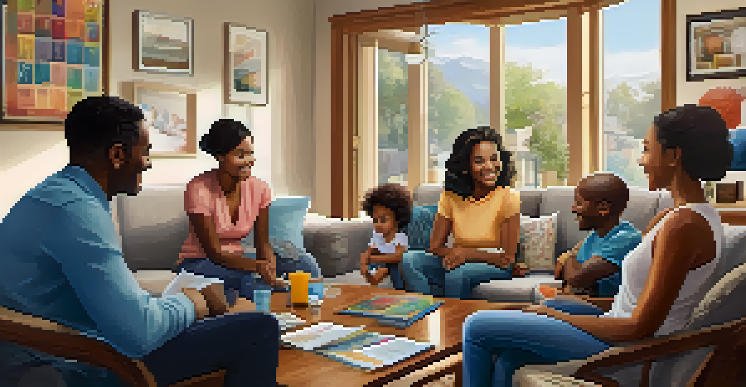 A family in a living room discussing health check-ups, with brochures and a calendar on the table, promoting family health traditions.