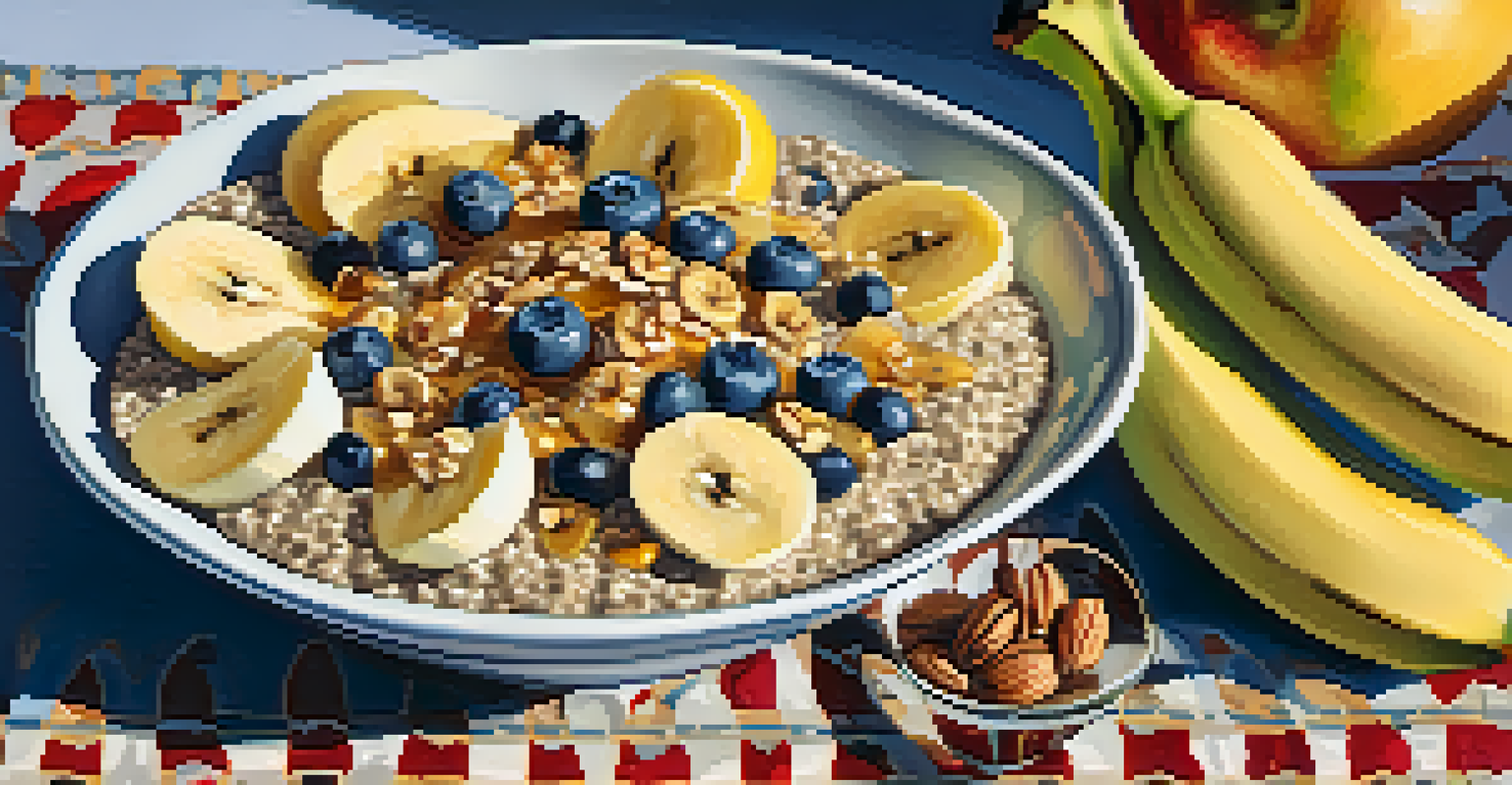 A close-up of an oatmeal breakfast bowl topped with sliced bananas, chia seeds, and honey, surrounded by fresh fruits and walnuts on a bright tablecloth illuminated by morning light.