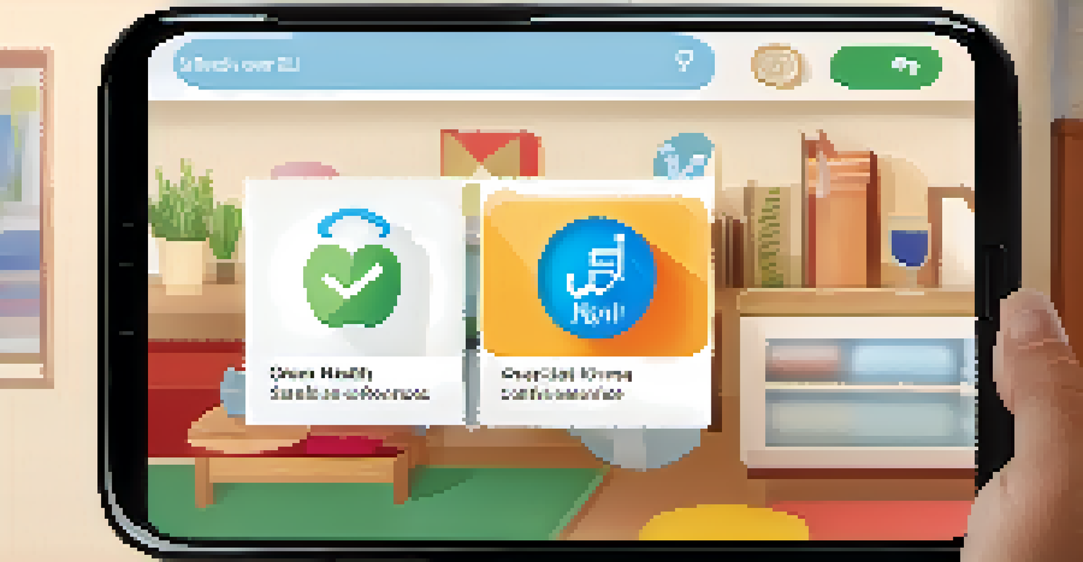 A smartphone displaying a health app with simplified information, set in a cozy home environment.