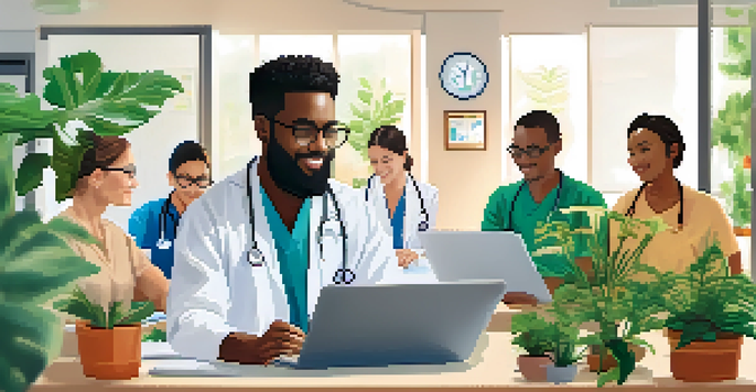 A diverse group of patients engaging in virtual consultations with healthcare providers, surrounded by a bright and welcoming environment.