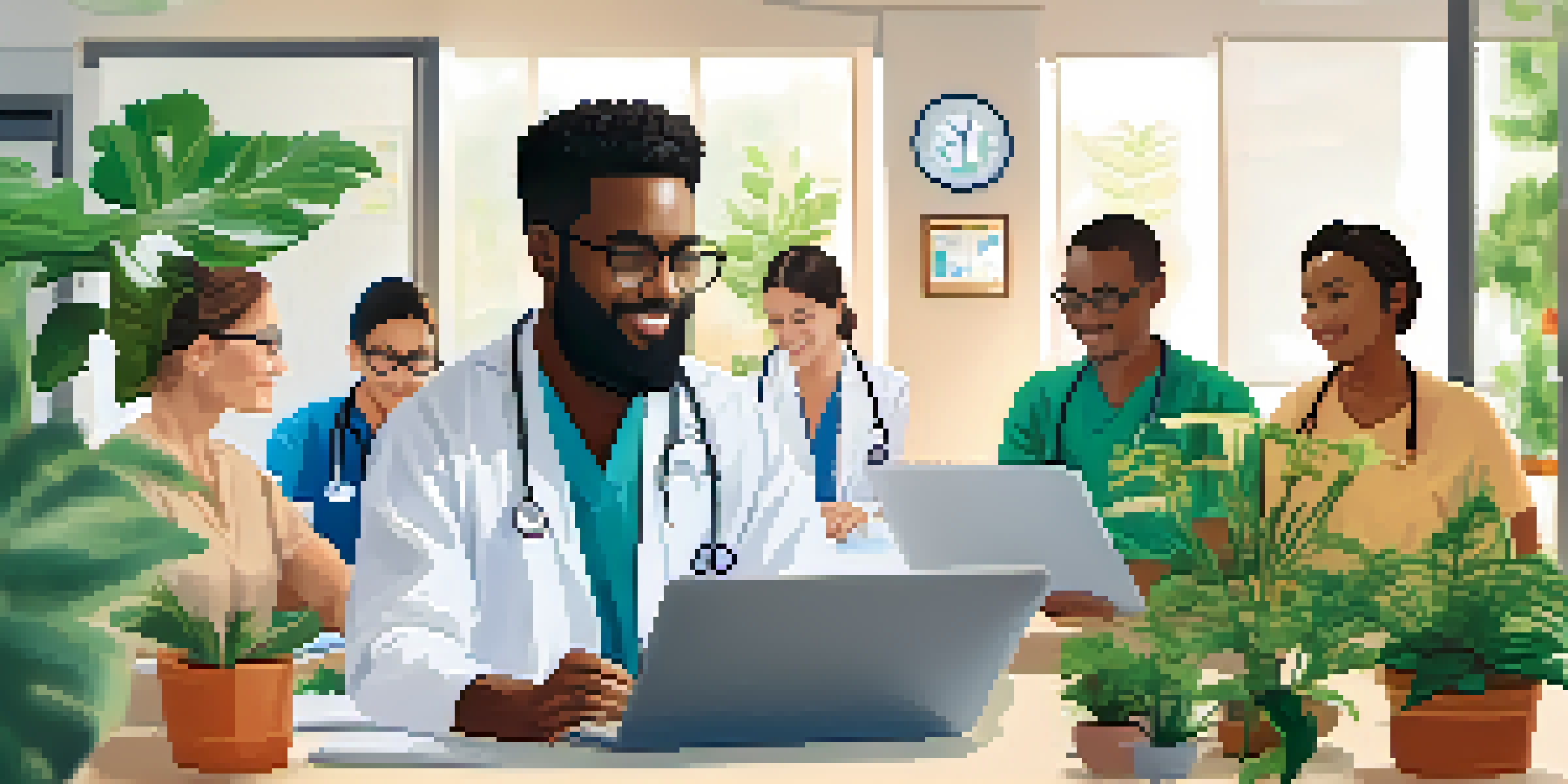 A diverse group of patients engaging in virtual consultations with healthcare providers, surrounded by a bright and welcoming environment.