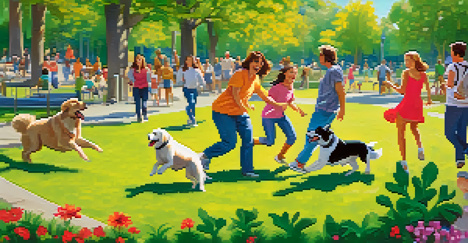 A lively dog park filled with various breeds playing together, with owners enjoying the sunny day.