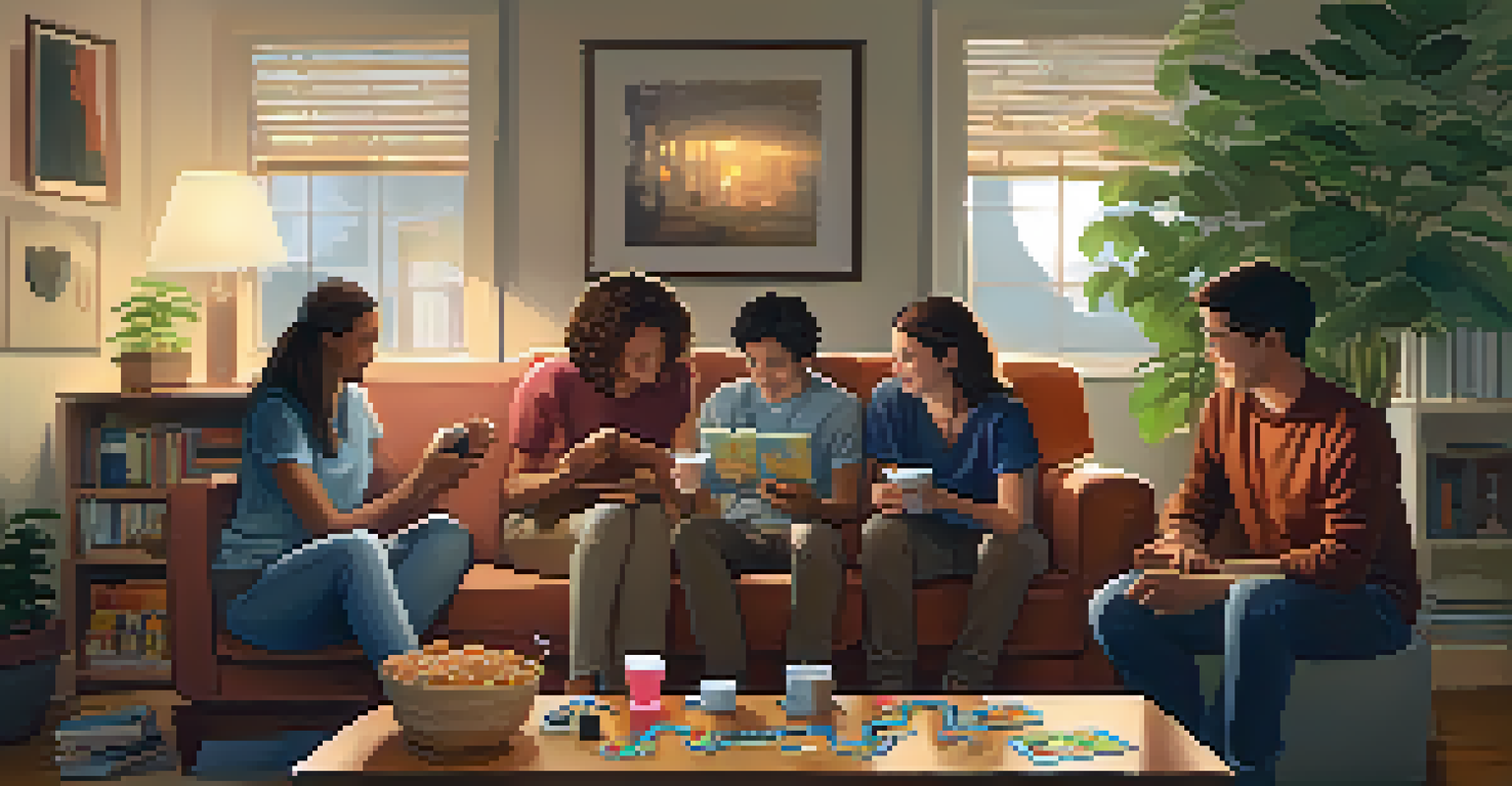 A family sitting together in a cozy living room, playing a board game and enjoying snacks, with warm lighting and family photos in the background.