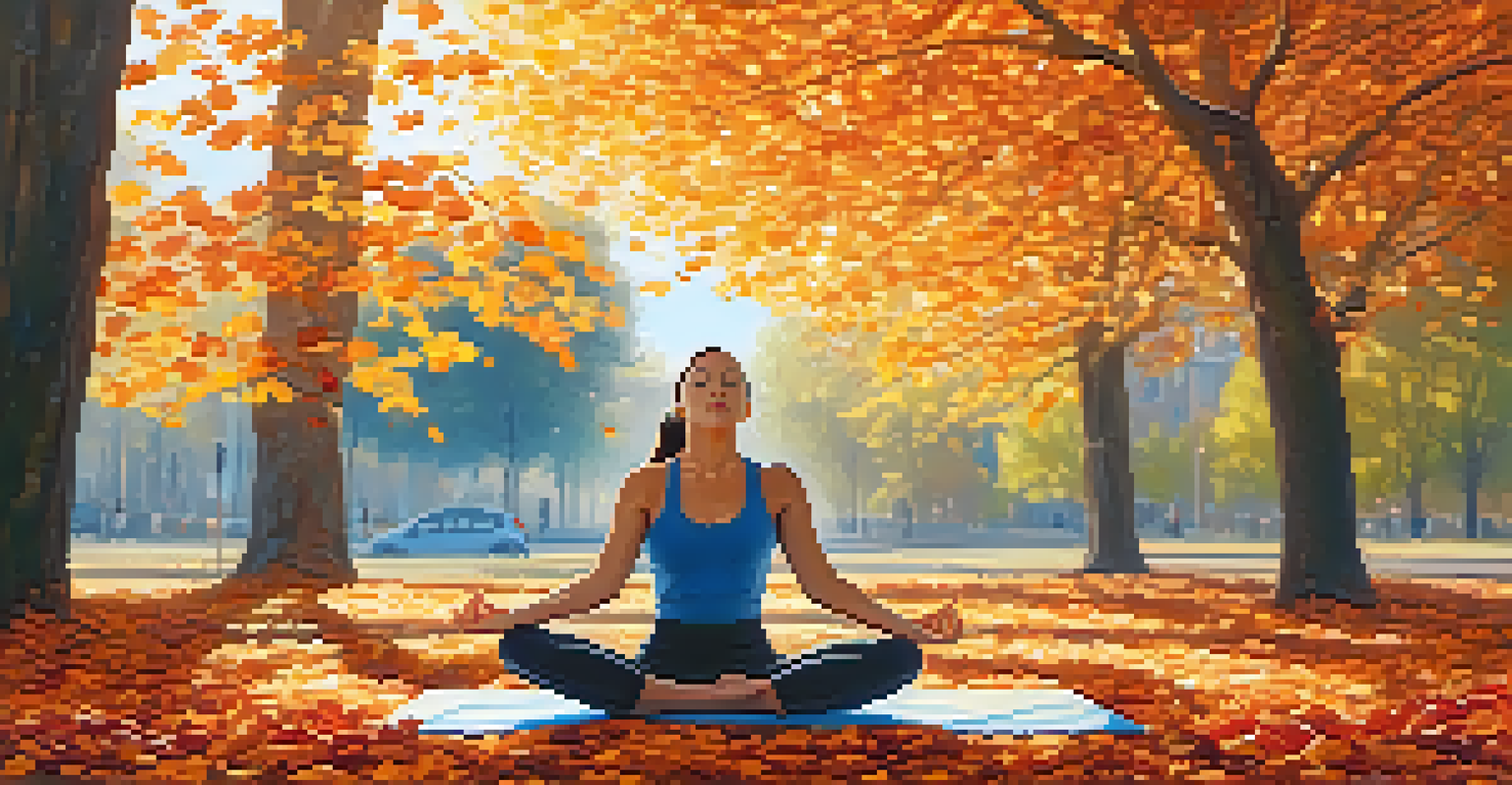 A person doing yoga in an autumn park, surrounded by colorful leaves and trees under a blue sky.
