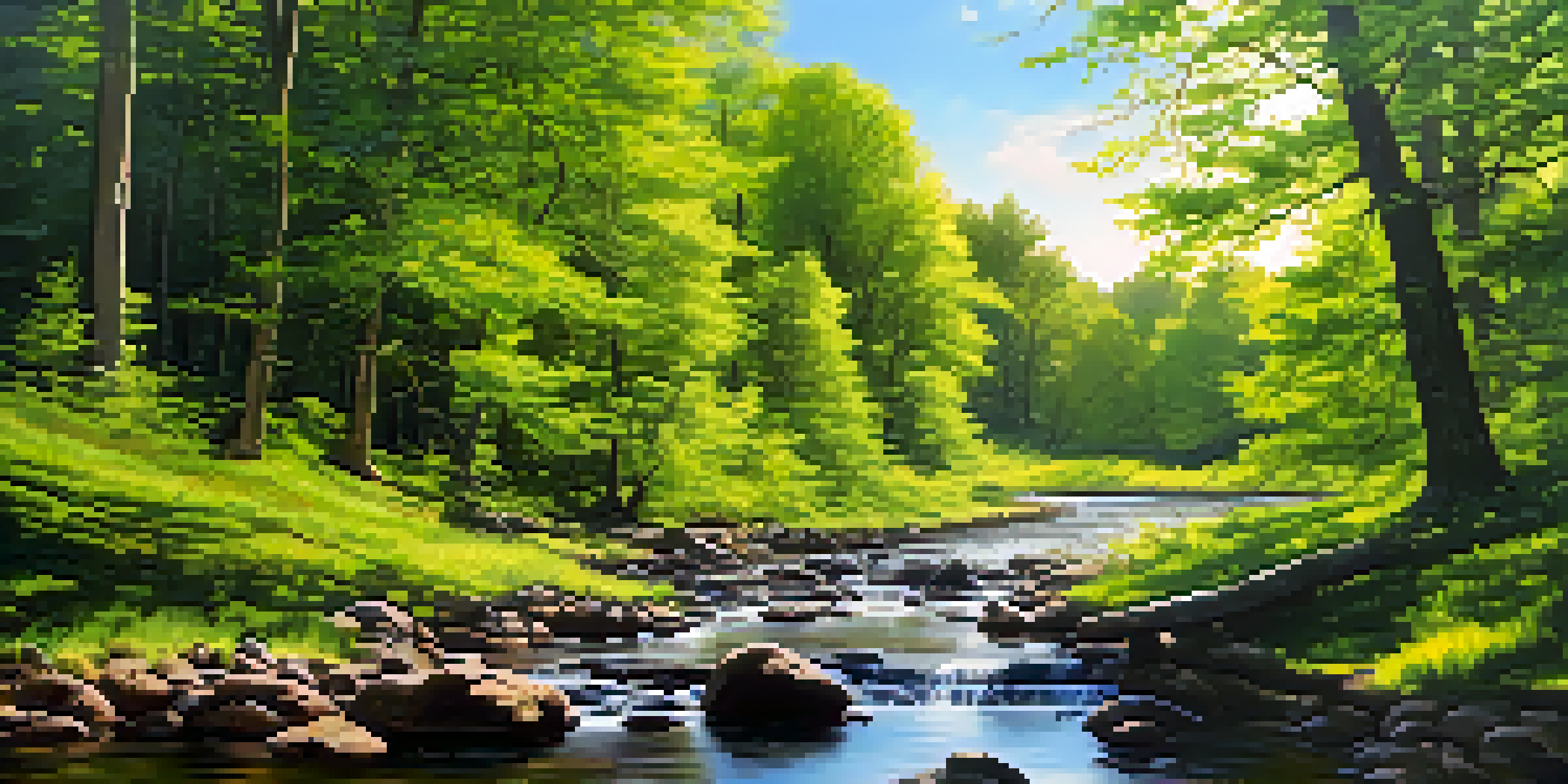 A peaceful forest scene with green trees and a clear stream, illustrating the importance of a healthy environment.