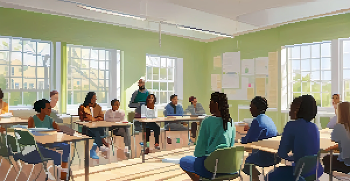 A diverse group of caregivers participating in a training session about youth mental health in a well-lit classroom.