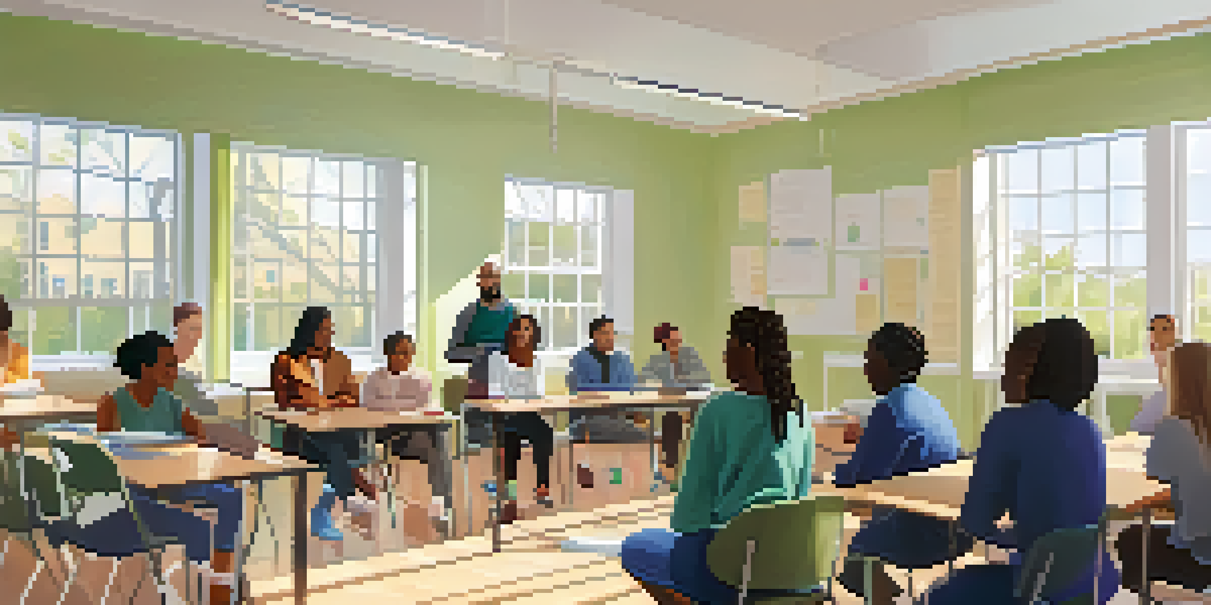 A diverse group of caregivers participating in a training session about youth mental health in a well-lit classroom.
