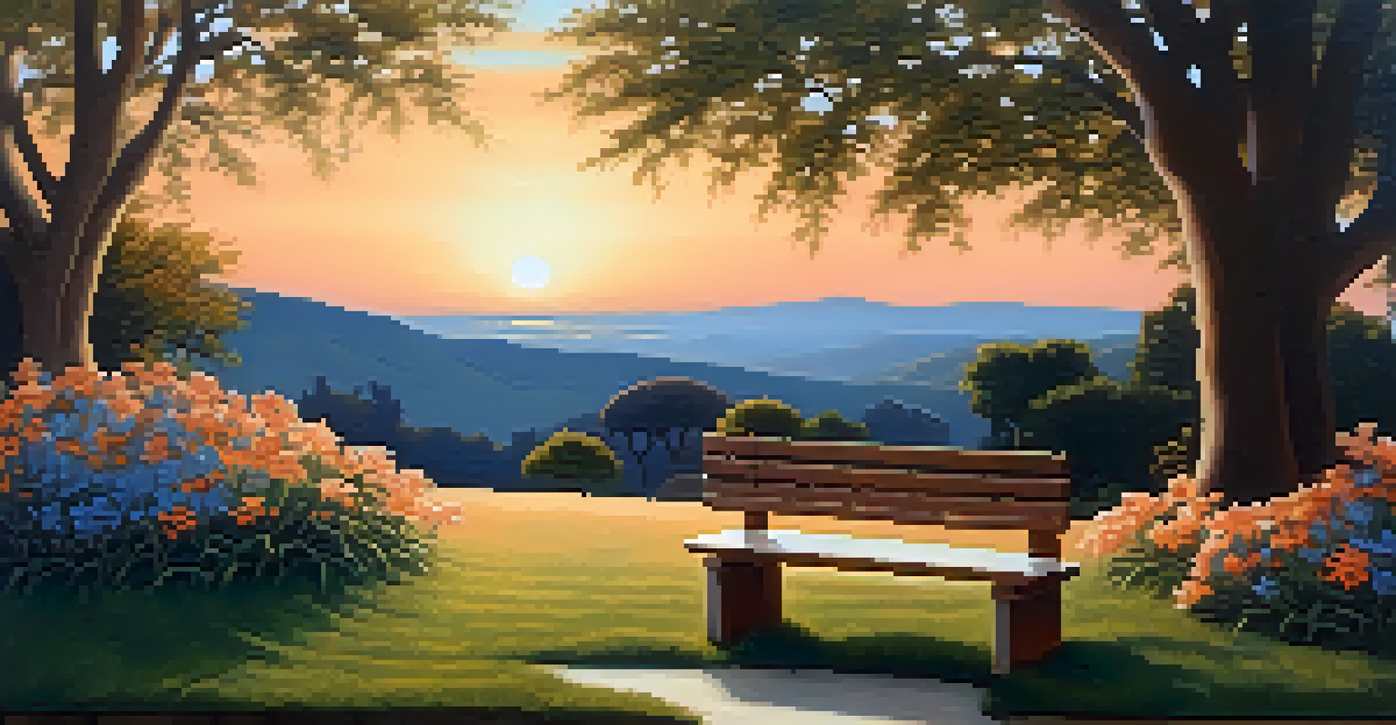 A peaceful garden at sunset with blooming flowers, a wooden bench, and a colorful sky, offering a tranquil setting for reflection.