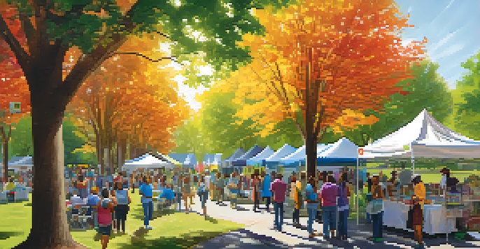 A community health fair in a park with diverse attendees interacting with healthcare booths and enjoying healthy food.