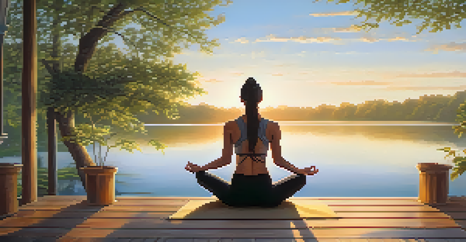A person practicing yoga on a deck by a lake at sunrise, surrounded by greenery and reflecting water.